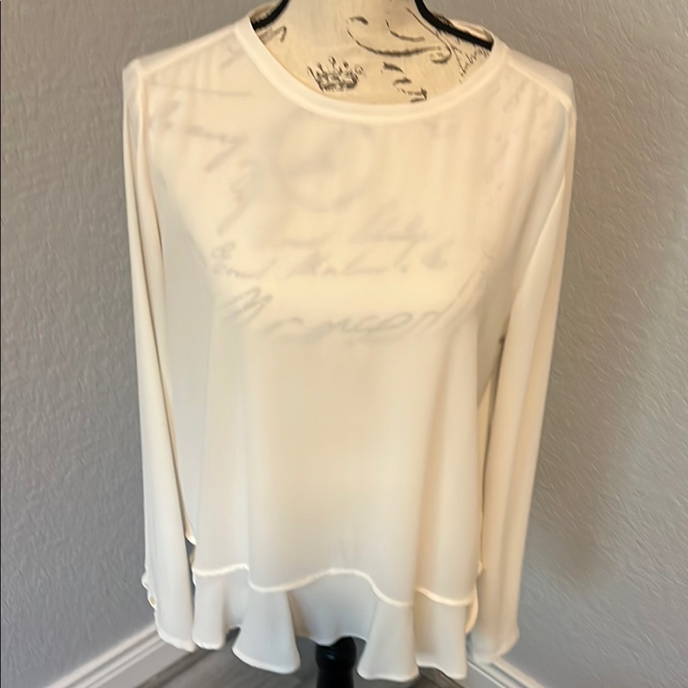 LOFT Cream Ruffled Long Sleeve Blouse
